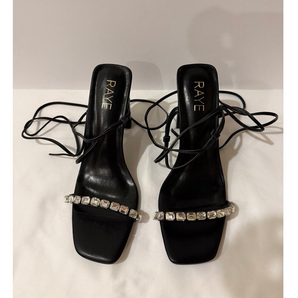 RAYE Twinkle Rhinestone Ankle Tie Square Toe Flared Heel Sandals NIB Sz 7